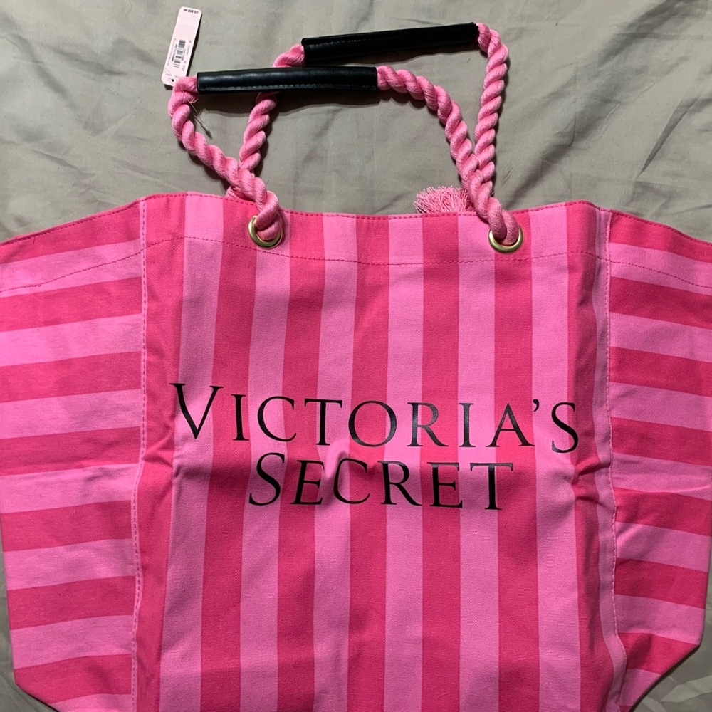 VICTORIA'S SECRET STRIPED ROPE HANDLE CANVAS WEEKENDER TRAVEL BEACH
GYM TOTE BAG